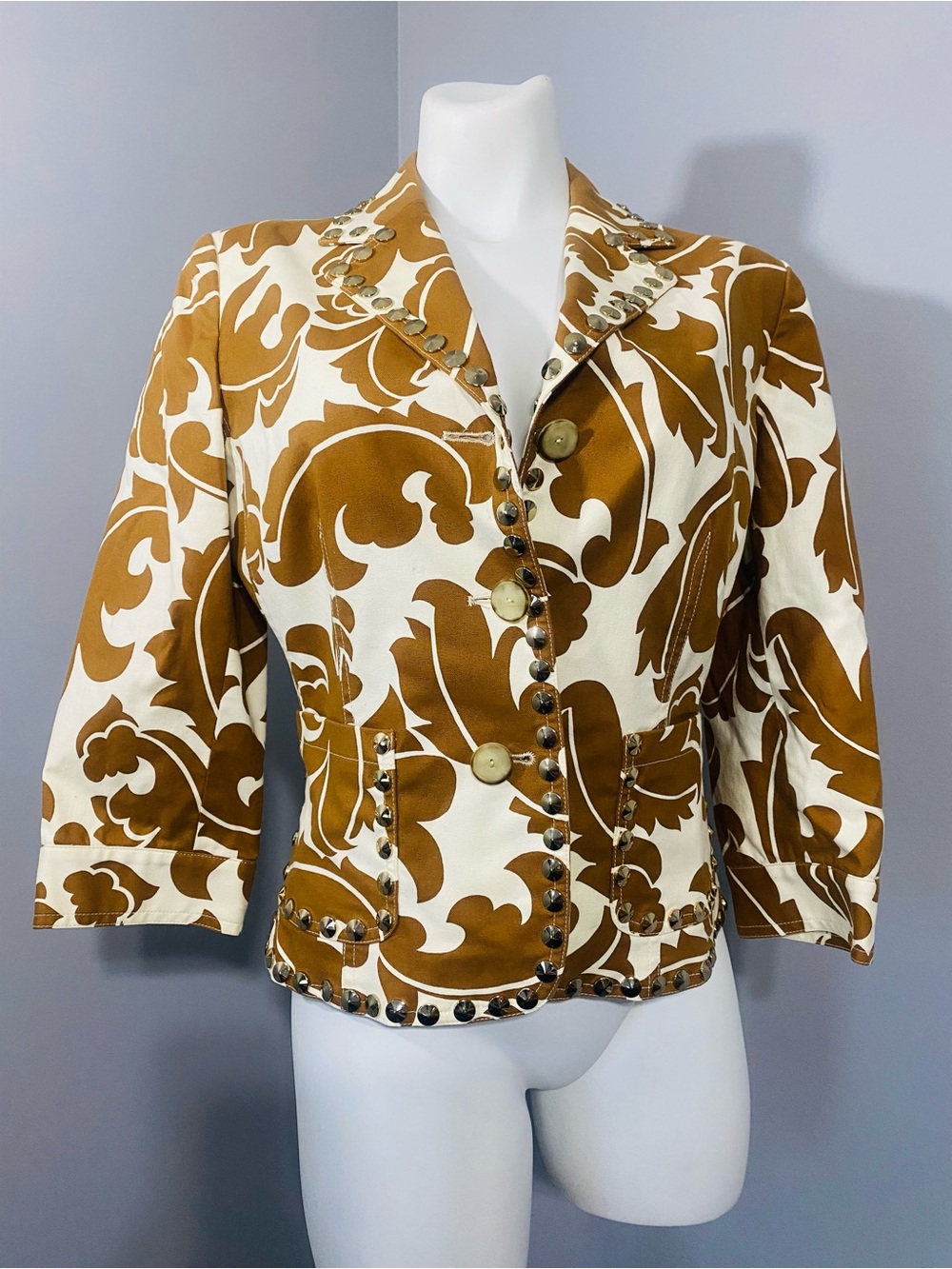 Etcetera Cream and Brown Patterned Studded Blazer